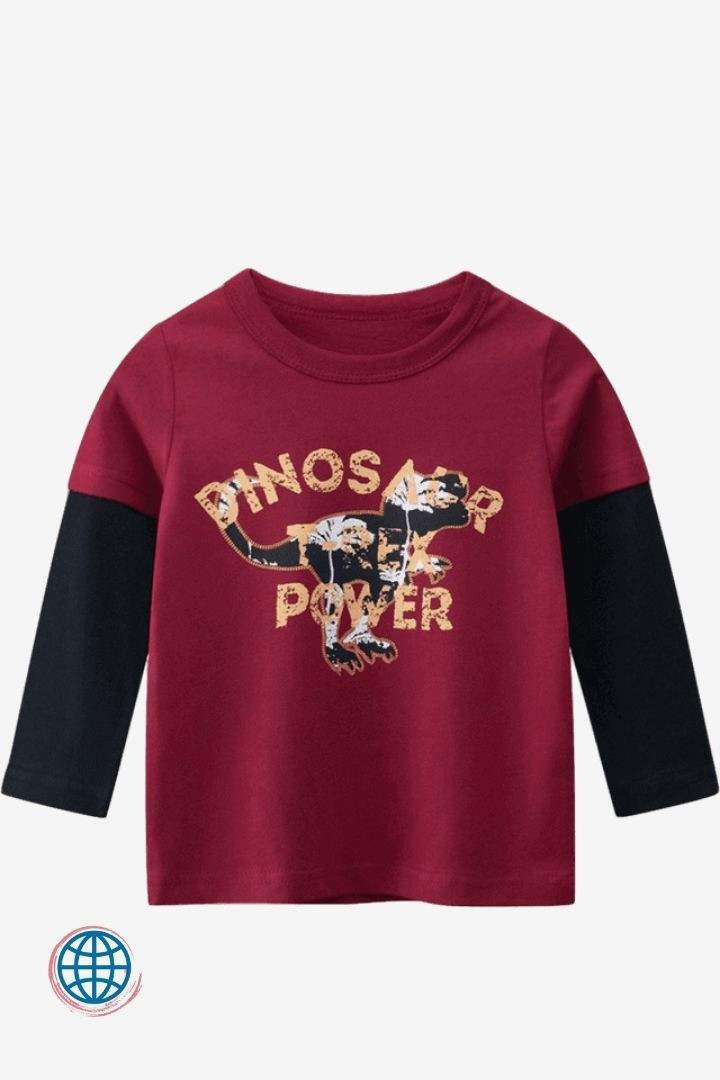 Toddler Patch Crewneck T-Shirt Baby Tees Top Clothes Children Toddlers Boys O-Neck Cotton Red dino Long Sleeve T-shirts boy girl Tops Kids Dinosaur Power Print Trending Tee For 2-9Years