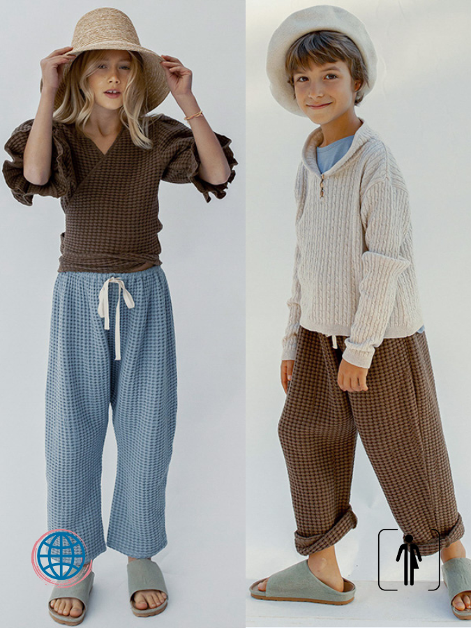 Cotton Retro Mid-Rise Waffle Pants Children's Trousers Boys And Girls Casual  Drawstring Pant Baby Kid Mid Rise Waist Straight Fit Ankle-Length Pants for Boy Girl Trending in Dusk Blue Brown