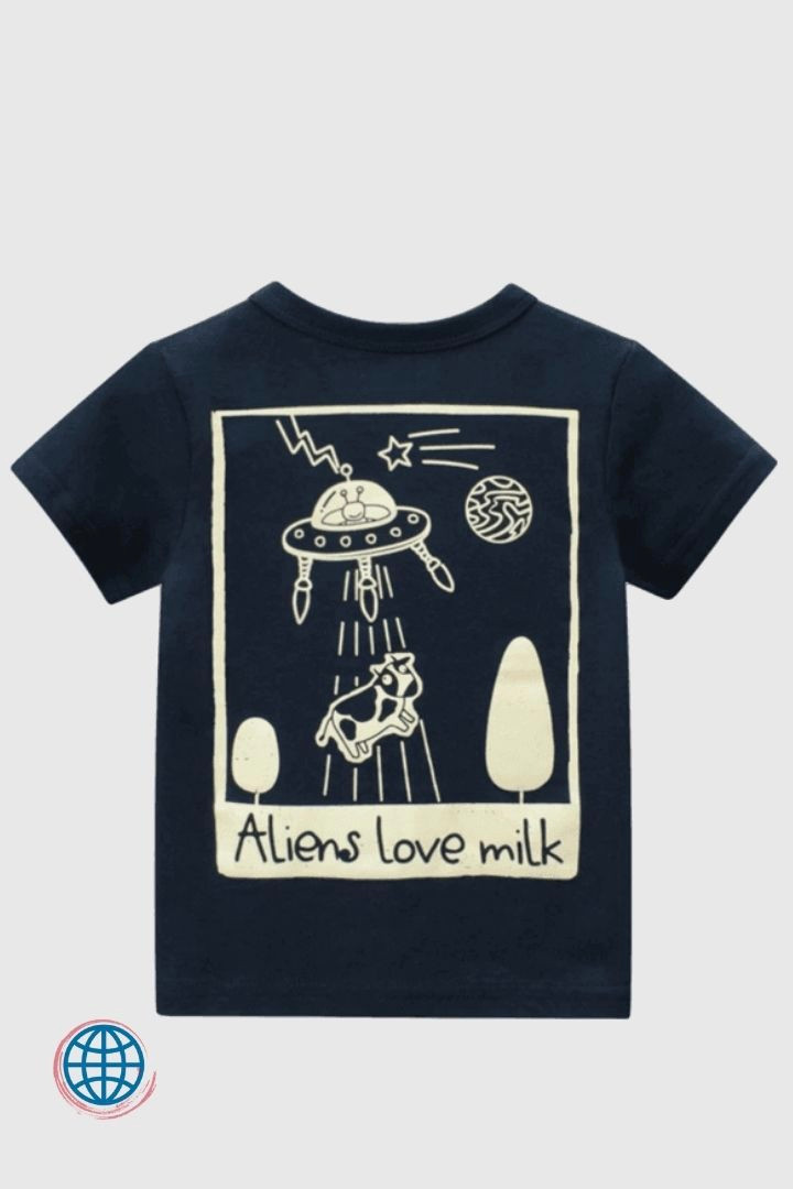 Cotton-Linen Short-Sleeve T-Shirt   Cute 2-8 Boys T Shirt Toddler kid Clothes Short Sleeve Crewneck O-Neck ALIENS LOVE MILK Letter Print Top Infant Cute Tshirt loose Children's Tee Boy Trending T-Shirts Outfits Tops