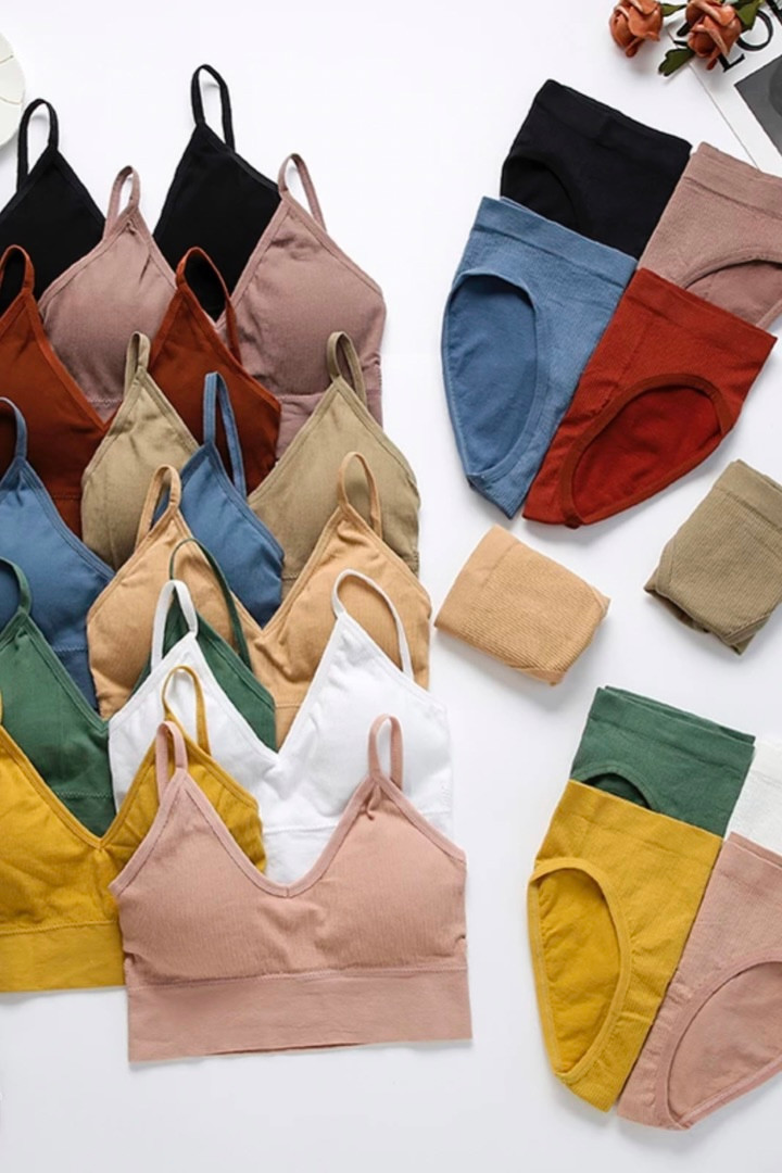 Seamless Bra Panties Lingerie Set  Women’s Underwear V-Neck Striped Panty and Bra Set Intimate Female Bralette Fox Gathered Bra For Woman Trending in Bean Paste Beige Black Dusk Blue Caramel Green Khaki Pink Red White Yellow