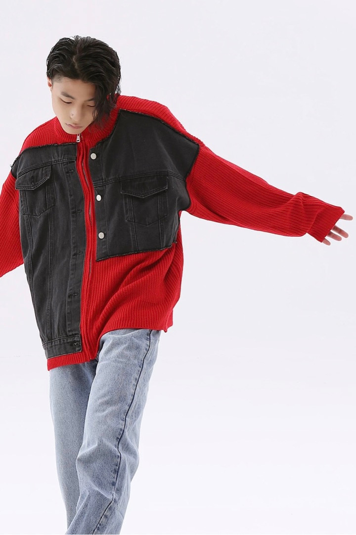 Patchwork Denim Cardigan Sweater Men's Vintage Washed Oversized Zipper Up Casual Baggy Cardigans Sweaters Jacket for Man Trending in Red