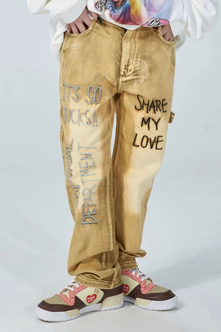 Distressed Embroidery Flare Jeans Men Mid Rise Waist Wash Button Fly Urban SHARE MY LOVE Letter Print Streetwear Mens Splash Ink Dyeing Wide Leg Jeans Slim Fit Denim Pants Hip Hop Man Trending In Yellow
