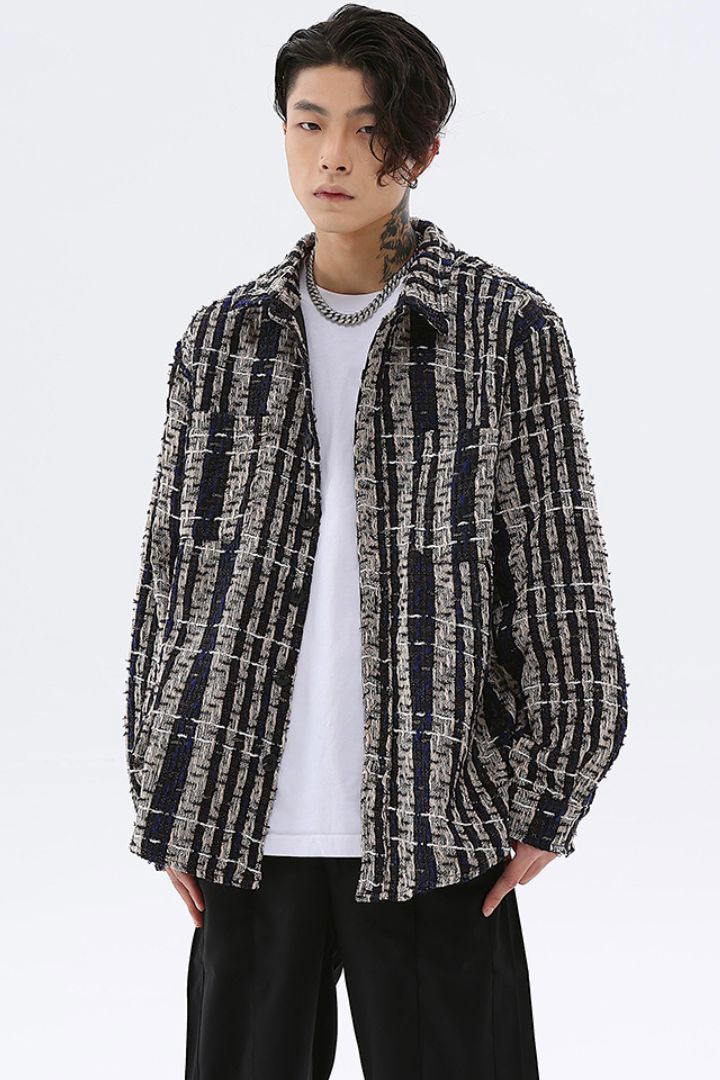 Plaid Jacket Shirt Men’s Korean Oversize Casual Couple Thick Contrast Color Cotton Woven Clothes Korea Jackets Shirts Coats Streetwear for Man Trending in Blue Black White