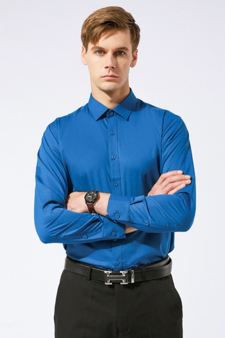 Wrinkle Free Bamboo-Fiber Shirt Men’s Oil-Roof Bamboo Fiber Stain-Resistant Men Resistant Shirts Long Sleeve Business Casual Bamboo Fiber Formal Shirts for Man Trending in Blue