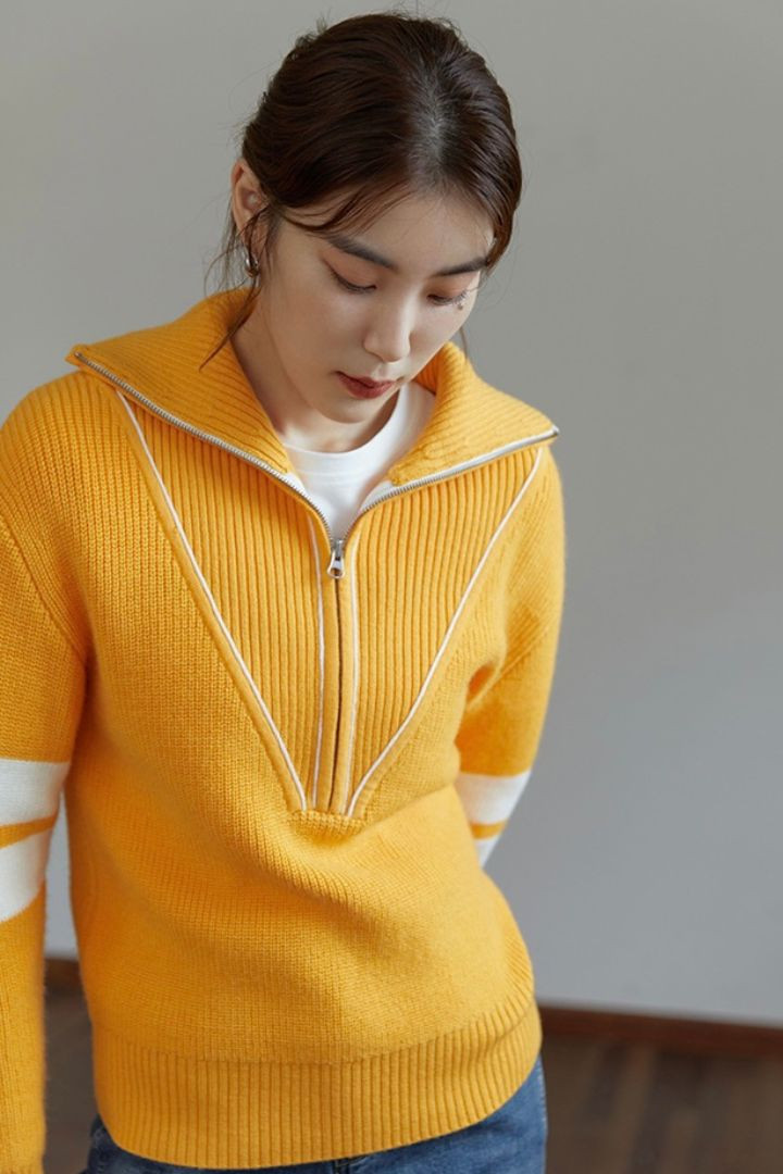 Zip-Up Ribbed Cardigan Sweater Women's Zipper Lapel Yellow Sweaters Slim Contrasting Color Commuter Thicken Rib Straight Tops Cardigans Trending for Woman