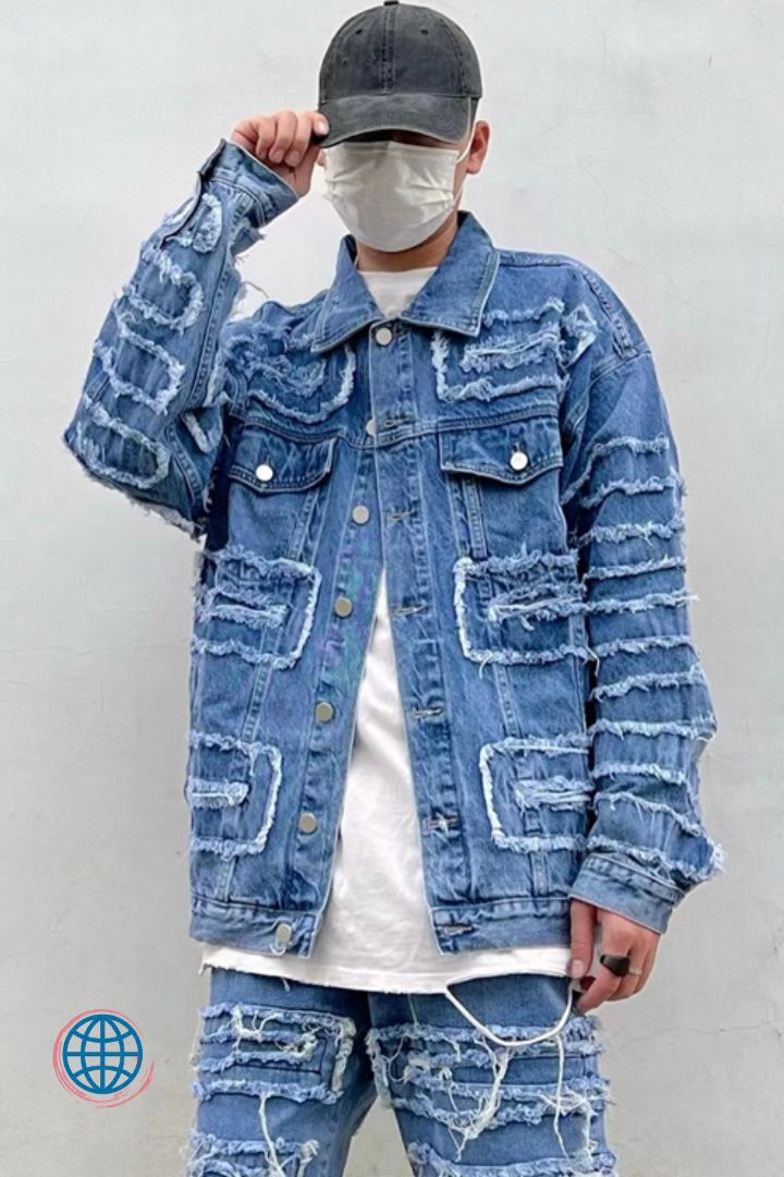 Destroyed Ripped Denim Jacket Men’s Blue Oversize Men Biker Jackets Coats Washed Destruction Raw Edges Outwear Streetwear Trending for Man