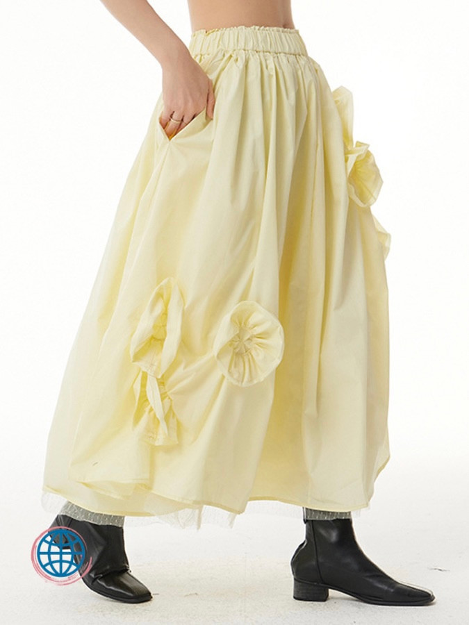 Floral Mesh Half-body Skirt  Women’s High Rise Elastic Waist Meshed Flower Long Casual Women Fashion Tide Ankle Skirts for Woman Trending in Yellow