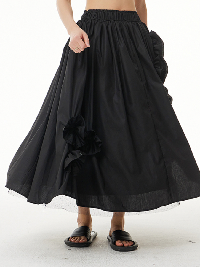 High-Rise Floral Mesh Skirt Women’s High Elastic Waist Meshed Flower Long Casual Half-body Fashion Tide Skirts for Woman Trending  in Black