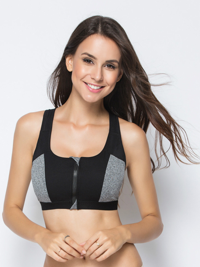 Padded Seamless Sports Bra with Zipper Women’s Gym Workout Wireless Running Sports Tops Pads Wirefree Shockproof Underwear Squareneck Sport Bra for Woman Trending in Black