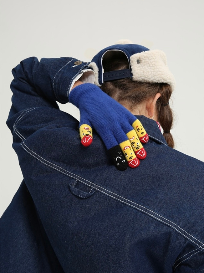 Harajuku Wool Knit Gloves Women's Fashion Funny Expression Cute Playful Smiley Face Female Thick Thermal Warm Woolen Knitted Faces Navy Blue Gloves Trending for Woman