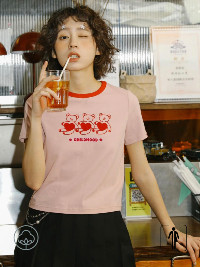 Cropped Crewneck T-Shirt   Women's Preppy Style Pink Cartoon Teddy Bear Childhood Letter Print Top Round O-neck Short Sleeve T-Shirts Tops Trending for Woman
