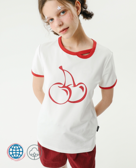 Spliced Collar Crewneck T-Shirt Women's Round O-Neck Cherries Tees Hollow Out Collar Short Sleeve Cotton Slim Tee Tops Cherry Print T-Shirts Trending for Woman in Red White