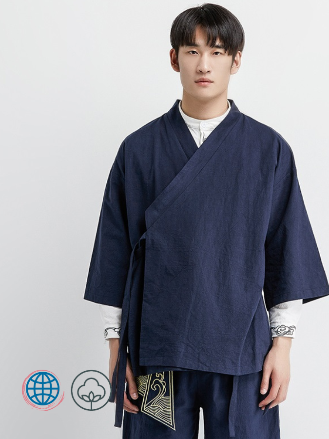 Yukata V-Neck Haori Kimono Cardigan   Mens male Japanese Cotton Linen samurai costume clothing jacket Tieback Outerwear Three Quarter Sleeve Jackets for man In Blue Plus Size