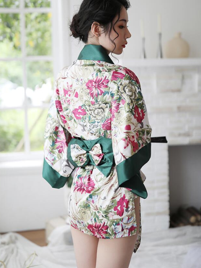 Short Nightgown Bathrobe  Women’s Japanese Sexy Kimono Outer Japan Kimonos Intimates Garment Trending for Woman in Green