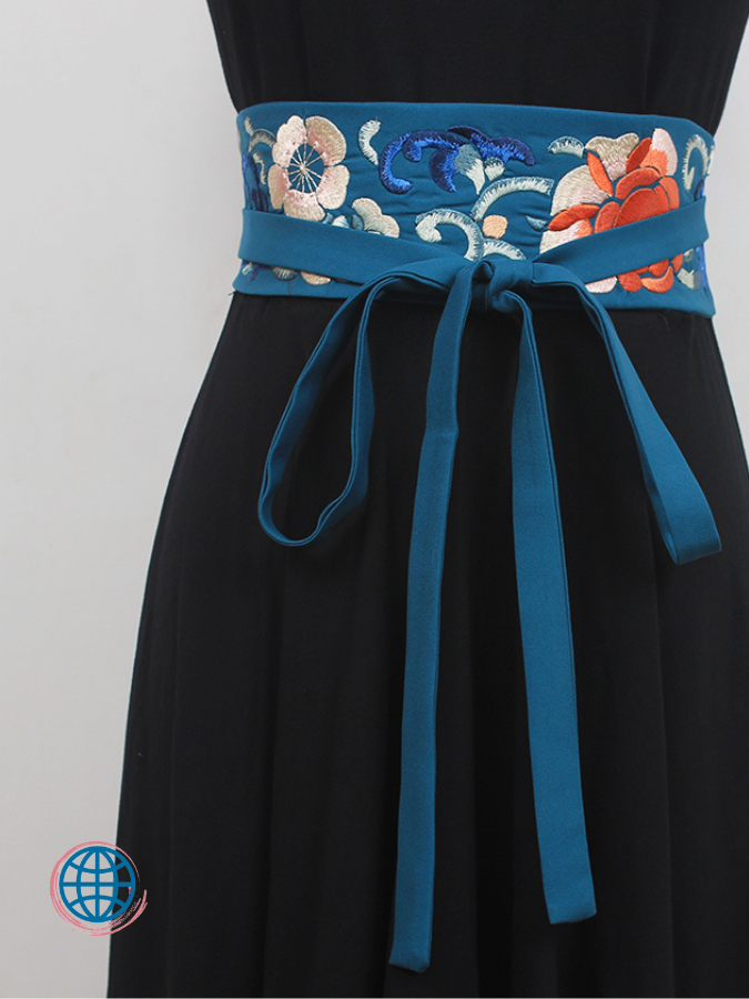 Embroidered Kimono Obi Belt  Women's Retro Waistband Chinese Style Embroidery Dress Bowknot Wrap Waist Belts Classic China Kimonos Obis Floral Cummerbunds Trending for Woman in Lake Blue