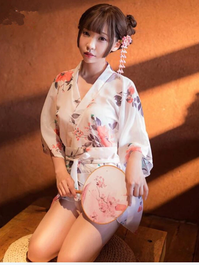Japanese Bathrobe Kimono Women’s Sexy Short Flower Print White Chiffon Nightgown Trending for Woman Uniform Outer Garment Floral Lingerie Outerwear Kimonos