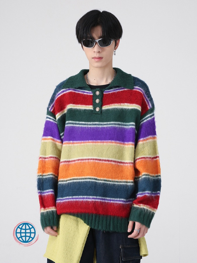 Rainbow Stripe Sweater   Men's Autumn Winter Rainbows Multicolor Contrast Striped Turn-down Collar Long Sleeve Casual Male Pullover Sweaters Trending for Man