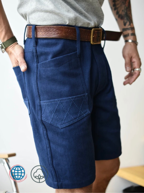 Sashiko Shorts    Mens Japanese Casual Big Pocket Wearable Summer Vintage Cotton Knee Length Mid Rise Waist Plus Size Japan Shorts Trending for Man in Blue