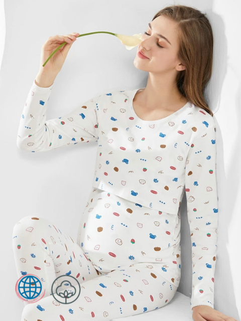 Nursing Long Johns PJ Set  Women’s Cotton Sleepwear Breastfeeding Pajamas Set Clothes For Pregnant Women Pajama-Bottoms Pregnancy Homewear Loungewear Plus Size Maternity SleepwearTrending  for Woman In White