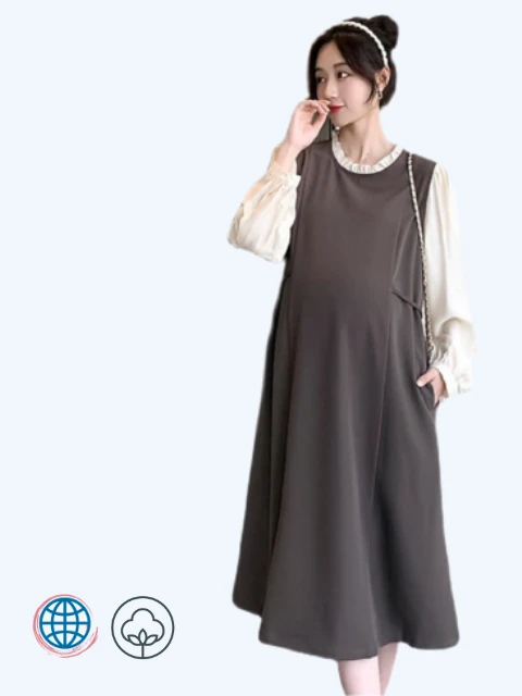 Boatneck Maternity Dress   Women’s Spring Summer Full Sleeve Loose Plus Size Skirt Crew Neck Pregnancy Full Plus Size Dresses Trending for Woman in Khaki