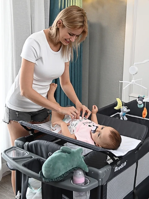 Multifunctional Baby Crib Foldable Baby Bed With Diaper Table Cradle Rocker Travel Game Beds Portable Baby Cribs For 0-6 Years Old in Gray / Grey