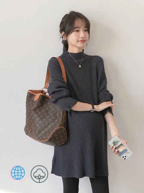Maternity Mockneck Ribbed Sweater  Women’s Autumn Winter Knitted Sweaters Loose Pullovers Clothes for Pregnant Women High Neck Postpartum Pregnancy Tops Trending Sweaters for Woman in Dark Khaki
