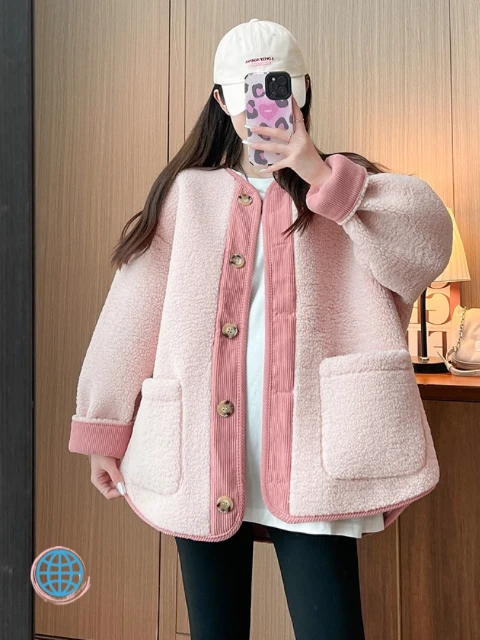 Maternity Fleece Jacket  Women’s Autumn Winter Korean Fashion Fleece Maternity Chic Ins Loose Outwear Cardigan Clothes Plus Size Korea Pregnancy Jackets Trending for Pregnant Woman in Pink
