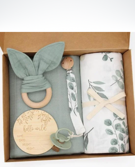 Bamboo Cotton Muslin Swaddle Blanket Set  Unisex Baby Organic Cotton Infant Wrap Pacifier Handle Toy Newborn DIY Gift Set Soft Bedding Cover Blankets in Trending Green Deep leaf, Beige Rainbow, Blueberry, Acacia, Floral, Deer