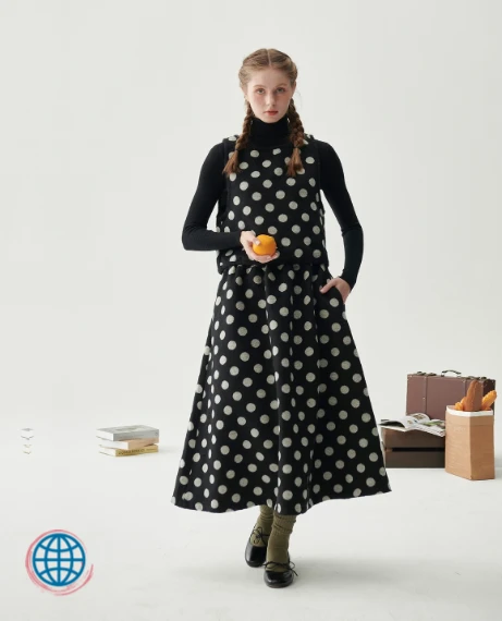 Mid-calf Polka Dot Skirt  Women’s Japanese Original Black And Gray Collision Color Polka Dot Retro Loose Half-body Female Autumn And Winter Niche Design Mid-Calf Japan Skirts for trending Woman