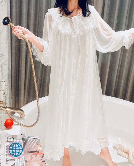 Lace V-Neck Nightgown   Women's Sweet Soft White Long Sleeve Sleepwear Elegant Female Vintage Princess Night Dress Nightgowns for trending Woman