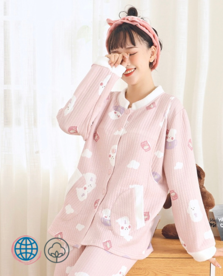 Plush Stand Collar Nursing PJs   Women’s Warm Interlayer Pregnant Winter Prenatal And Postpartum Lactation Maternity Breastfeeding Clothes Pajama Suit Set for Woman in Trending  Pink