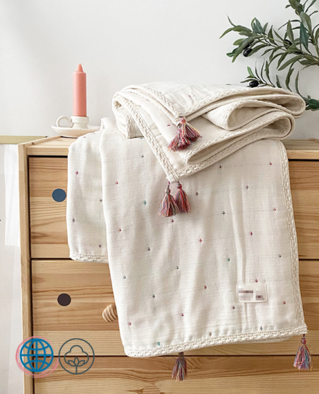 Luxury 6 Layer Cotton Bamboo Muslin Blanket  Unisex Newborn Baby Infant Japanese Boho Swaddle Baby Tassel Towel Muslin Bohemia Jacquard Blankets Kids Child Japan Bedroom Bohemian Throw Linen 115*150cm In Trending White