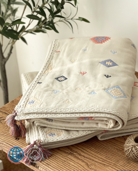 Luxury 6 Layers Cotton Bamboo Muslin Blanket  Unisex Newborn Baby Infant Japanese Bohemia Jacquard Swaddle Baby Tassel Towel Muslin Jacquard Blankets Kids Child Japan Bedroom Boho Throw Linen 115*150cm in Trending Bohemian Cream Off-White Geometric pattern