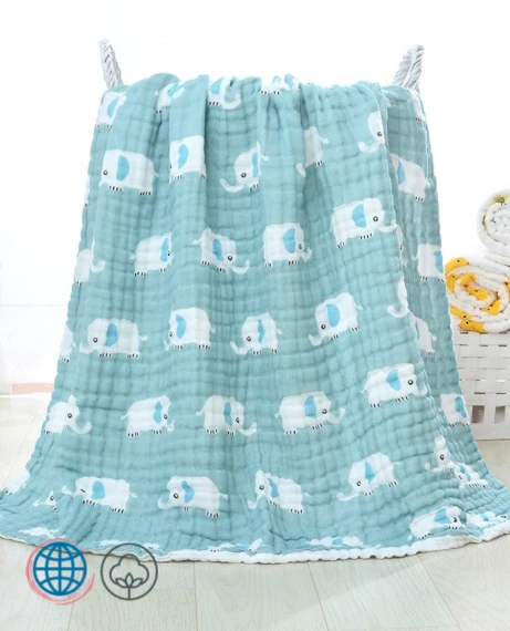 6 Layer Bamboo Cotton Swaddle Blanket Unisex Newborn Baby Infant Kids Receiving Wrap Sleeping Warm Quilt Bed Cover Muslin Layers Blankets in Trending Elephant Blue White