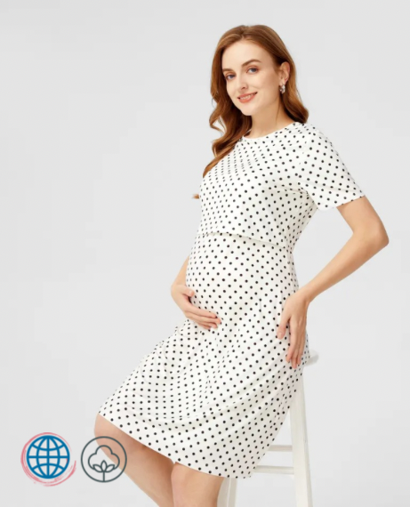Maternity Boatneck Nursing Dress  Women’s Summer Round O-Neck Breastfeeding Short Sleeve Black Polka Dot White Grace Knee Length Pregnancy Clothes for trending Plus Size Pregnant Woman