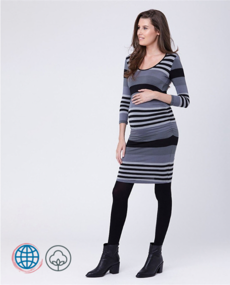 Maternity Nursing Boatneck Stripe Dress  Women’s Round Neck Breast-Feeding Plus Size Fashion Leisure Mom Breastfeeding Spring Autumn Clothes Striped Dresses For Women in trending Black