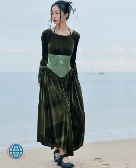 Velvet Jacquard Maxi Dress   Women’s Vintage Boho Punk Punkrock Goth Gothic Green Long Sleeve Square Collar Elegant Luxury Bohemian Flare Sleeve A Line Long Evening Party Bohemia Dresses for trending Woman