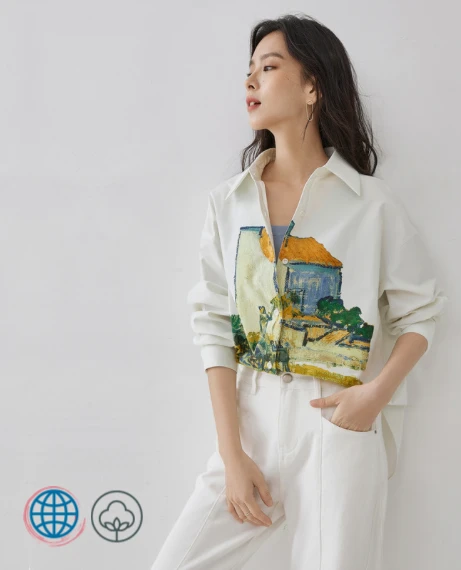 Button Up Graphic Shirt  Women’s French Look Oil Painting White Long Sleeve Tops Collar Shirts & Blouses Luxury Designer France Plus Size Clothing for trending Woman