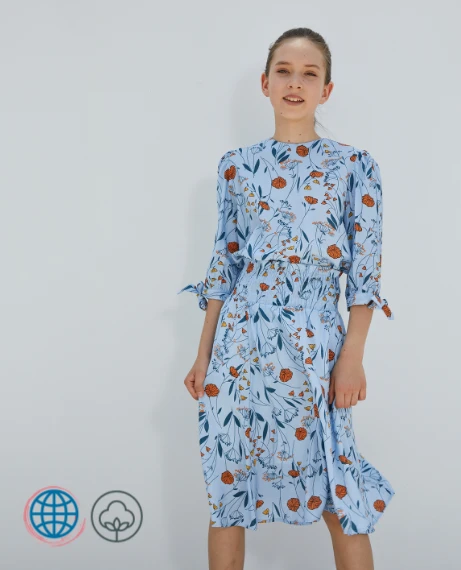 Teen Top + Skirt Set  Girls Floral Summer Big Girl Round O-Neck Crewneck with Cotton Lining Bow Soft Fashion Elastic Waist Blue Flowers Clothes Sets for trending Teens