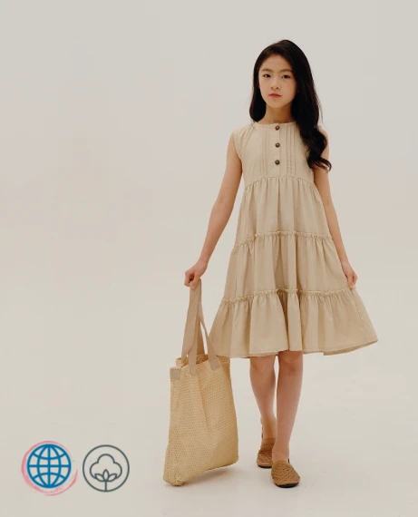 Teen Sleeveless Dress  Children Summer Pleated Knee-Length Apricot Round O-neck Crewneck Vest Dresses Fashionable Trending Teens Kids Brief Clothing 6 To 16 Years Girls
