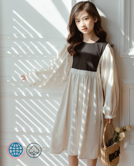 Patch Dress in Cotton-Linen  Teen Girl Spring Two Colors Beige Black Patchwork trending Teens Kids Children Clothes Teenage Girls Round O-neck Crewneck 100% Cotton Dresses