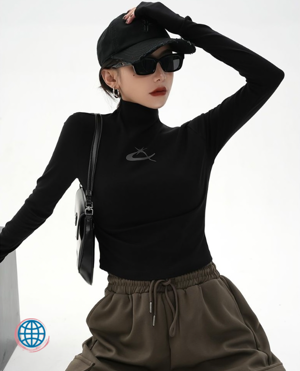 Slim-Fit Turtleneck T-Shirt  Women’s long Sleeve Korean Fashion Grunge Top Aesthetic Tee Shirt Femme Spring Chic T-Shirts Plus Size Streetwear Clothes Tops for trending trending Woman in Black