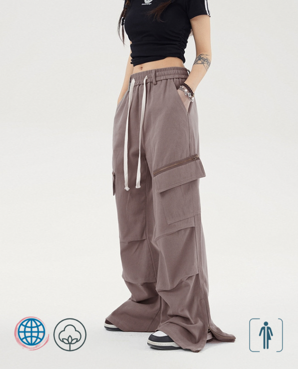 Harajuku Ruched Cargo Pants  Genderful Unisex Anywear Women’s Mens Retro Wide Leg Solid Color Oversized Fashion Side Pockets Zip Casual Plus Size Trousers for trending Man Woman in Khaki Hemp color