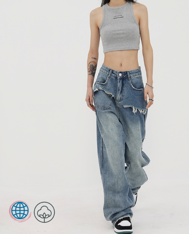 Worn-Out High-Rise Jeans   Women’s Blue High Waist Vintage Straight Baggy Denim Pants Streetwear American Fashion Wide Leg Petite Plus Size Trousers for trending Woman