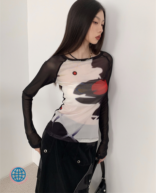 Graphic Y2k Mesh Top  Women’s Trashy Beige Black Long Sleeve Tees See Through T-Shirt Spring Summer Fashion Clothing Tops for trending Woman