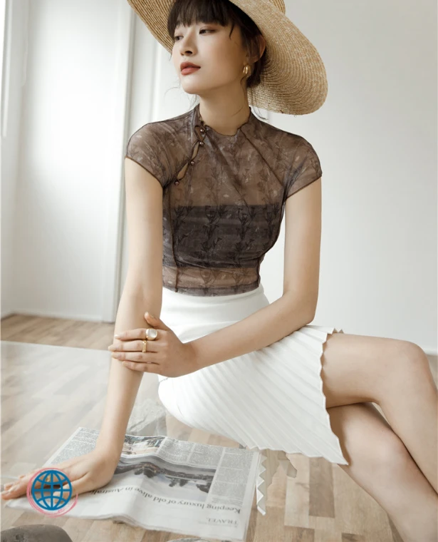 Sheer Top  Women’s Vintage Brown Mesh Transparent Blouse Women Summer Floral Designer Tight Aesthetic See Through Ladies Tops Blouses for trending Woman