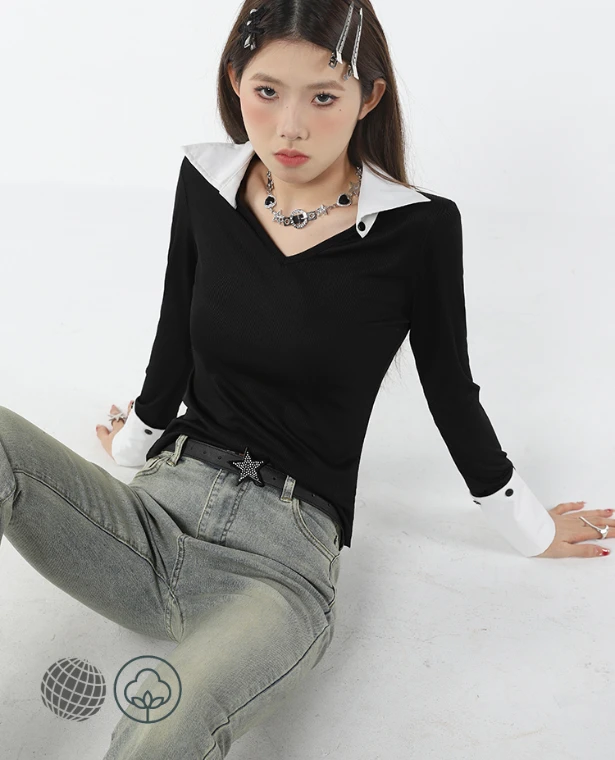 Spread Collar V-neck Shirt Women's Black white Top Splicing Sense of Design Fashion Vintage Loose Long Sleeve Bottom Jonny Collar Polo Shirts Tops for trending Woman