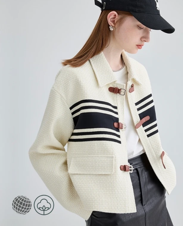 Buckle-Belt Stripe Cardigan  Women's Clothes Beige Coat Outerwear Color Contrast Fashion American Leisure Vintage Lazy Wind Winter Jacket Cardigans for trending Woman