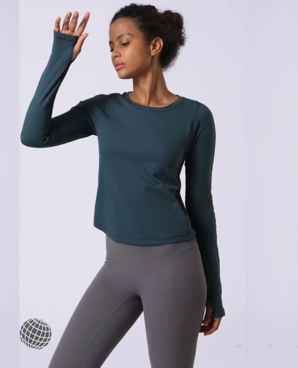 Long Sleeve Crewneck Sports Top  Women’s Thick Yoga T-shirts Fitness Sportswear t-shirt Apparel Elastic Sport Gym Clothes Full Length Shirt Training Wear Activewear for Plus Size trending Woman in Moran Dark Teal Blue