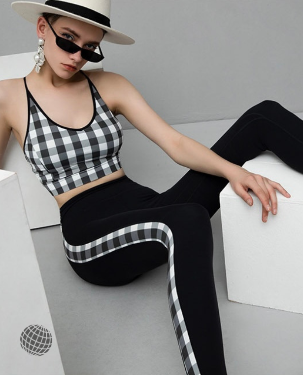 MiteigiYūki Sportswear Yoga Set   Women’s Activewear Workout Quick Dry Sport Gym Leggings Seamless and Plaid Fitness Bra Fitness Top Backless Sleeveless Sports Tracksuit Sets for trending Woman in Checkered Black white